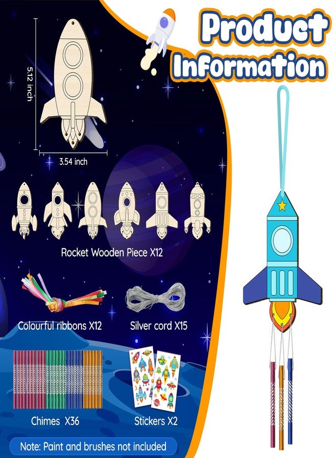 TREACLUB 12PCS Rocket Wind Chime Kit for Kids Make Your Own Space Wooden Wind Chime DIY Coloring Wood Crafts Outer Space Crafts Ornaments for Boys Girls School Activities Party Decoration - Image 2